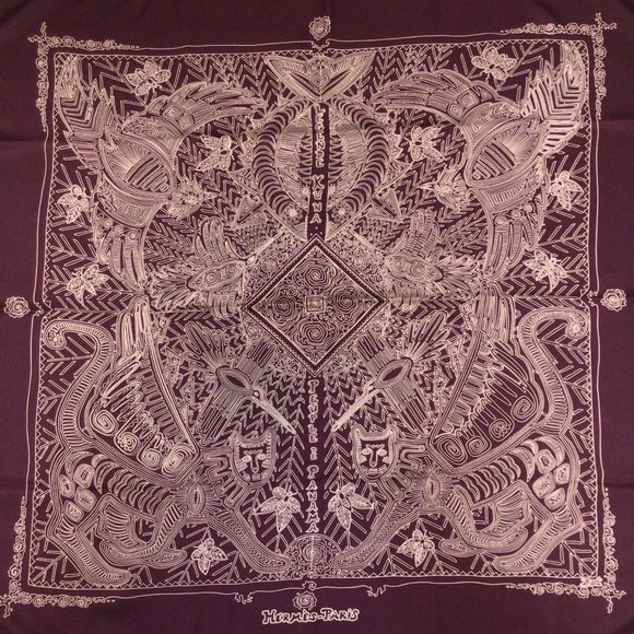 HERMES PARIS LEGENDE KUNA PEUPLE DE PANAMA BURGUNDY / PINK PRINTED SQUARE SILK T - Picture 1 of 10